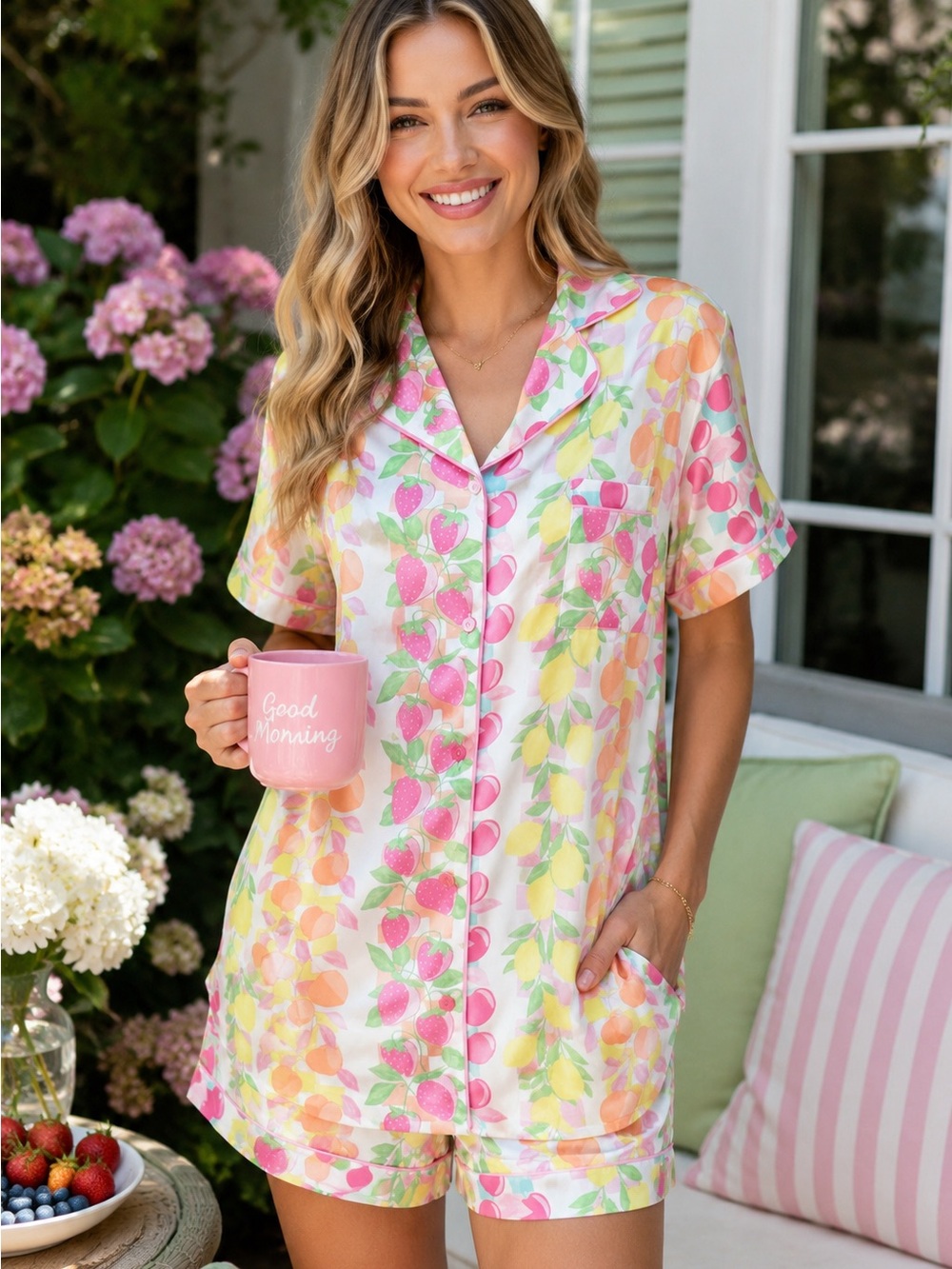 Imbali Charleston Fruit Vines Satin Pajama Set Size L NWT Summer Sleepwe